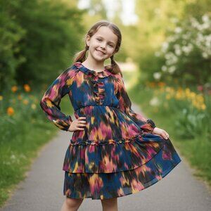 Walking on Sunshine Kids' Long Sleeve Tiered Ruffle Dress NWT Blue Large